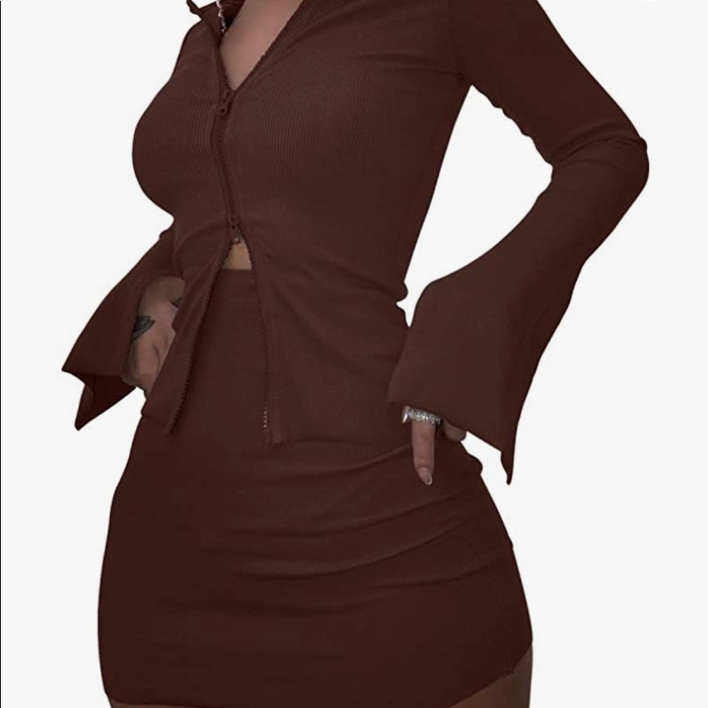 brown two piece cardigan and skirt
